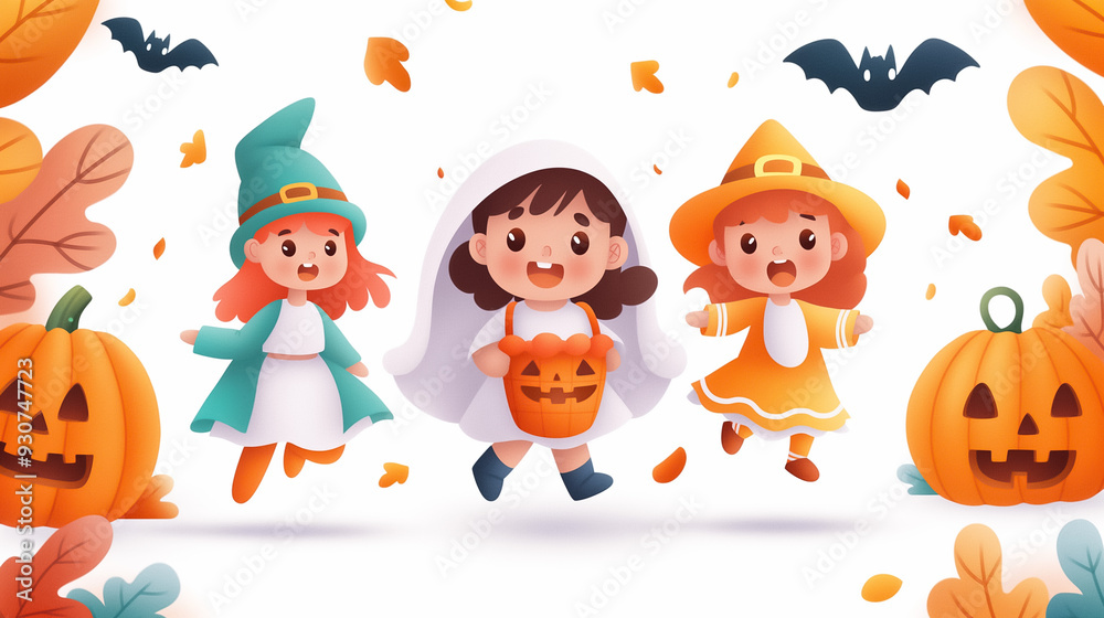 Three kids in colorful costumes enjoy Halloween festivities surrounded by pumpkins and falling leaves Three kids in colorful costumes enjoy Halloween festivities surrounded by pumpkins and falling leaves