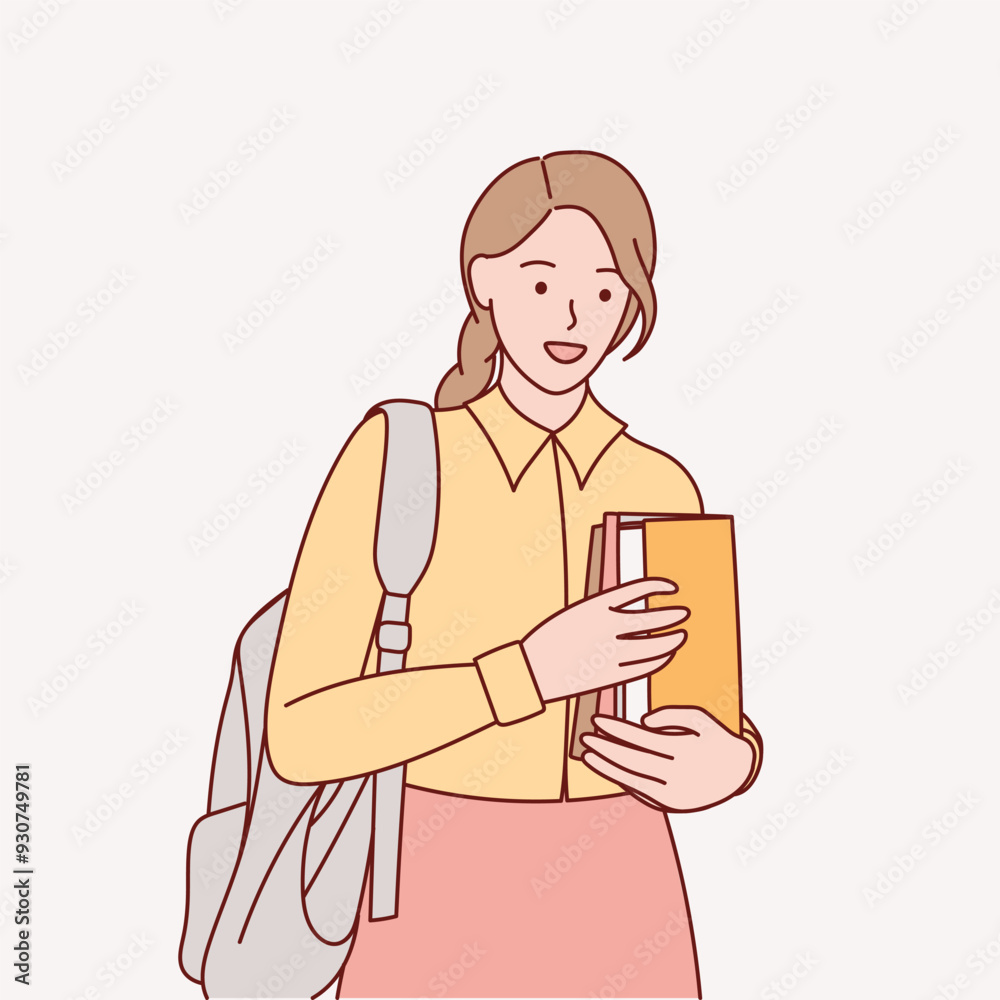 The girl is holding a book. Female student studying and preparing for exams. Hand drawn illustration. The girl is holding a book. Female student studying and preparing for exams. Hand drawn illustration.