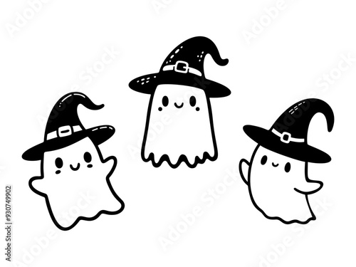 Cute outline ghosts in witch hat. Vector illustration.