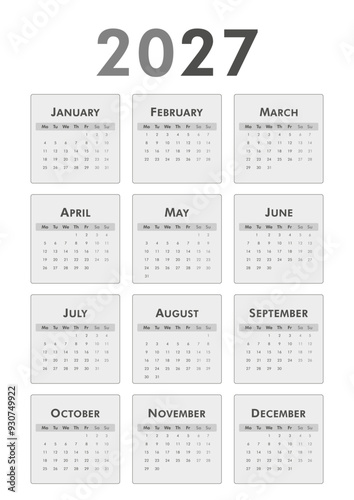 Black and white vertical classic calendar 2027 year. Week starts on Monday. Desk or wall calendar in minimalist style