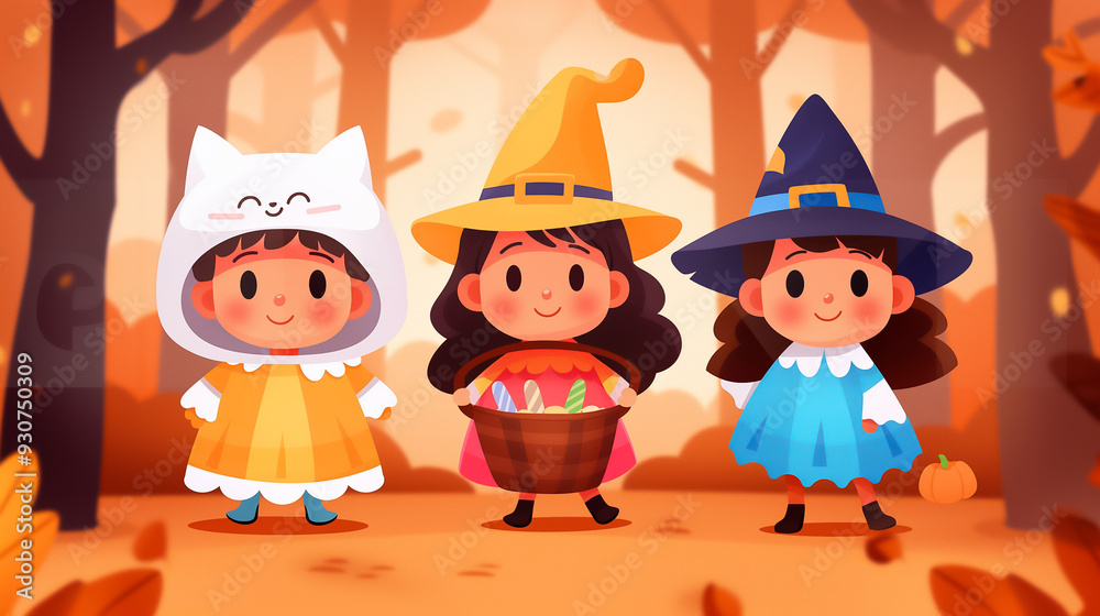 Fototapeta premium Three girls in whimsical costumes stroll through a vibrant autumn forest, showcasing colorful leaves and enjoying the festive spirit of Halloween