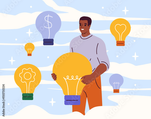 Man with critical thinking. Young guy evaluates light bulbs. Brainstorming and inspiration, ideas for business projects and start ups. Decision and solution. Flat vector illustration
