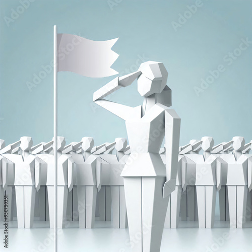 Soldados de origami o papiroflexia mostrando sus respetos a la bandera. photo