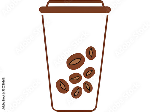 Simple coffee cup illustration featuring brown coffee beans, isolated on a transparent background.