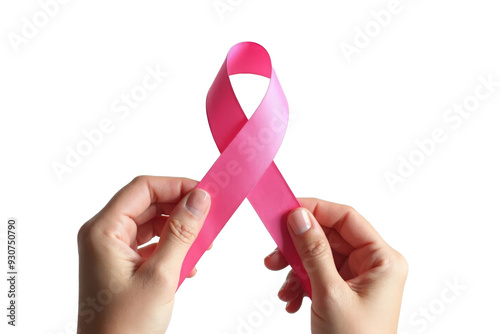 Two hands carefully holding a pink ribbon, symbolizing breast cancer awareness, against a transparent background photo