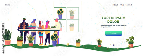 People buying fresh vegetables at market stall surrounded by potted plants vibrant colors modern design website template