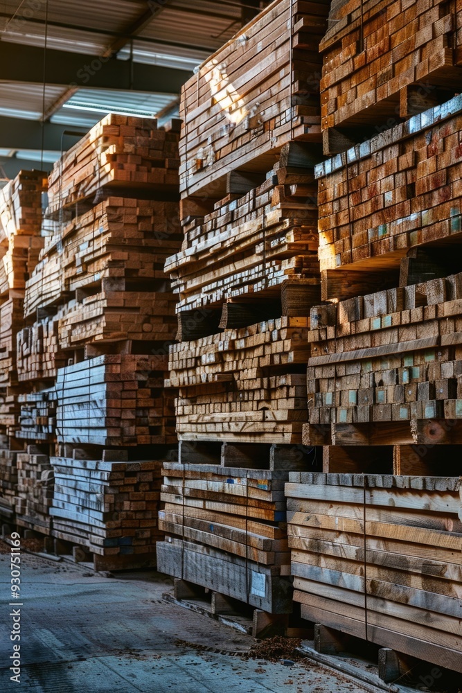 Fototapeta premium A large warehouse filled with many wooden planks stored on shelves