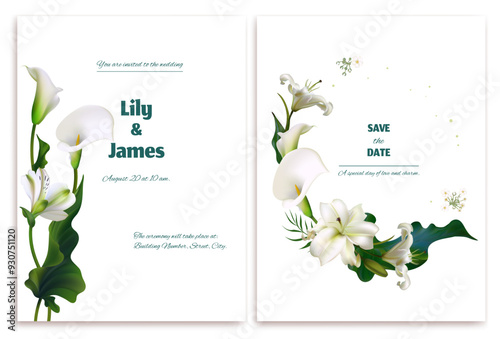 Flowers. Wedding invitation. Wreath of tropical flowers. Calla. White lilies. Green leaves. Floral background. Postcard.