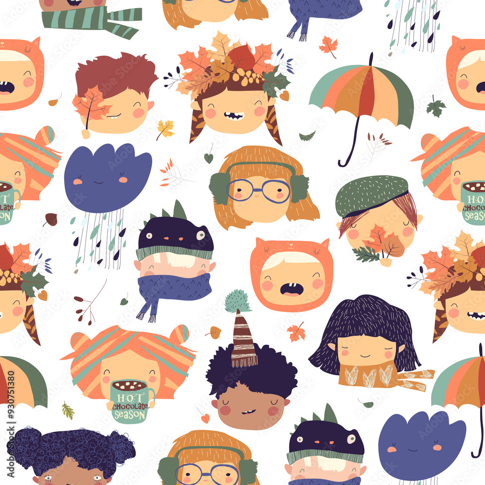 Fototapeta premium Seamless pattern with cute kids faces with autumn elements
