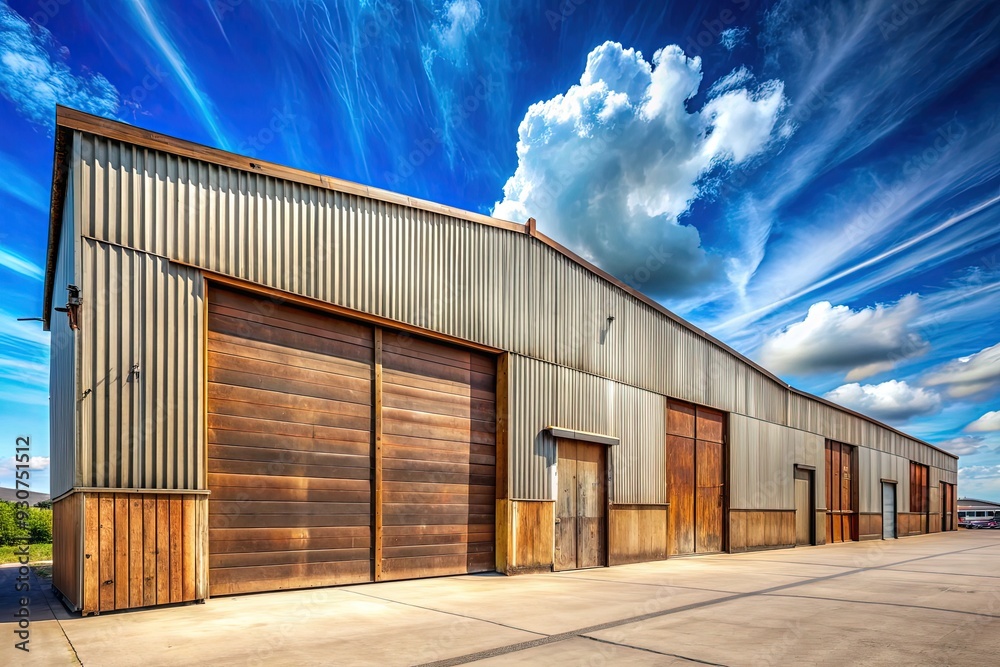 Rustic, industrial-style warehouse with corrugated metal walls, worn wooden doors, and a large loading dock, set against a bright blue sky with puffy white clouds. Rustic, industrial-style warehouse with corrugated metal walls, worn wooden doors, and a large loading dock, set against a bright blue sky with puffy white clouds.