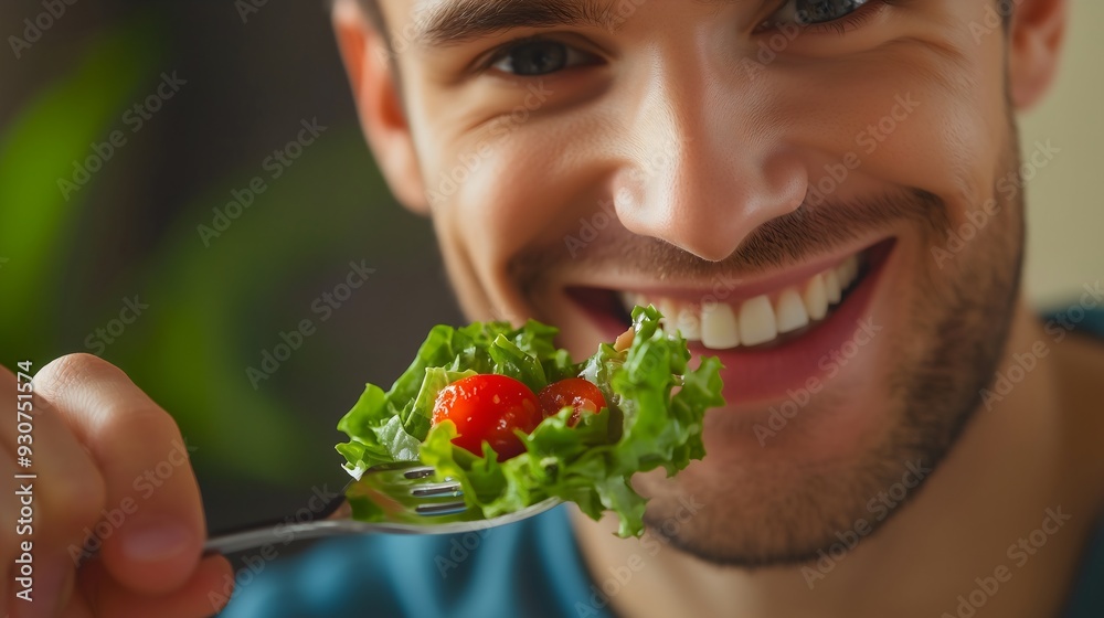 Man holding a fork with vegetable salad lettuce, smiling. Fitness trainer eating healthy vegetarian lunch dinner Hungry sportsman Weight loss diet Muscle building food Delicious recipes Nutrition Man holding a fork with vegetable salad lettuce, smiling. Fitness trainer eating healthy vegetarian lunch dinner Hungry sportsman Weight loss diet Muscle building food Delicious recipes Nutrition