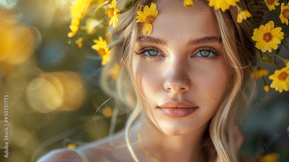 Beautiful blonde woman with yellow flowers in her hair, beautiful background Beautiful blonde woman with yellow flowers in her hair, beautiful background