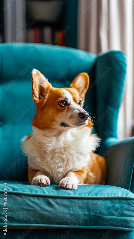 A brown and white dog sitting on a blue chair A brown and white dog sitting on a blue chair