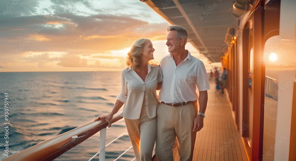 Romantic Cruise: Couple Embraces the Sunset on a Luxury Cruise Ship Romantic Cruise: Couple Embraces the Sunset on a Luxury Cruise Ship