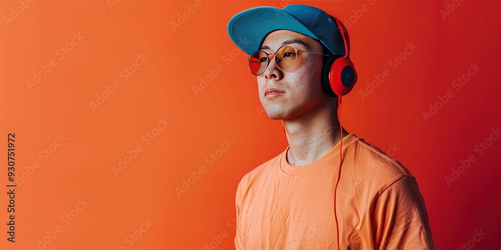 asian man wearing sunglasses, headphones, hat asian man wearing sunglasses, headphones, hat