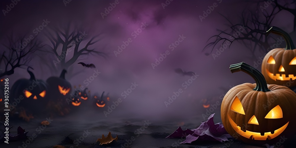 Fototapeta premium Halloween background with jack-o-lanterns and purple fog, pumpkins and jack o'lantern fog