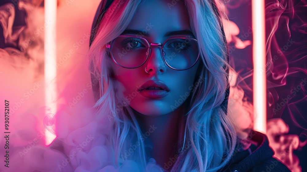 Beautiful hijab woman with blonde hair wearing glasses, fashionable clothes, a jacket in smoke under neon lighting Beautiful hijab woman with blonde hair wearing glasses, fashionable clothes, a jacket in smoke under neon lighting