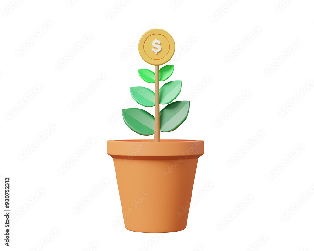 Obraz premium Pot tree growth up fund investment concept. planning deposit money saving earning profit interest of bank financial budget progress grow. 3d render illustration