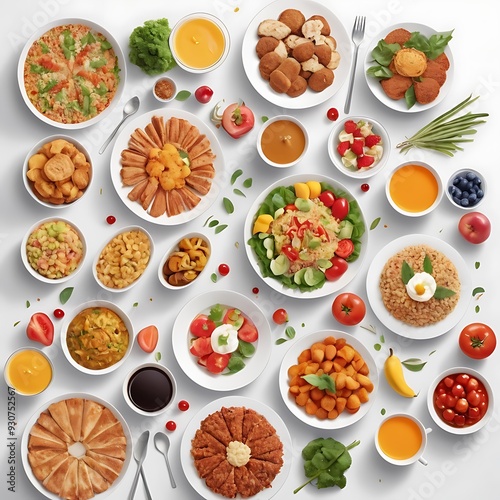 Wallpaper Mural Food day decoration of meal, vegetables and fruits. Creative concept for healthy foods, fresh vegetables, fruit, with plate, food day celebration with attractive healthy food in white background Torontodigital.ca