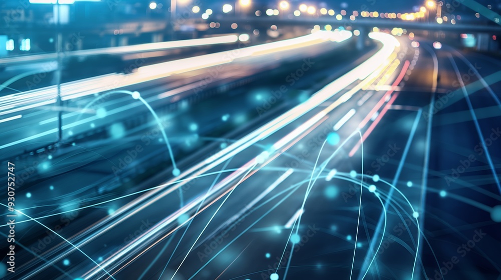 Light trails data connections highway night digital networking modern city horizontal background Light trails data connections highway night digital networking modern city horizontal background
