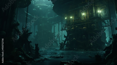 A dark, eerie underwater scene featuring industrial structures and mysterious organic forms.