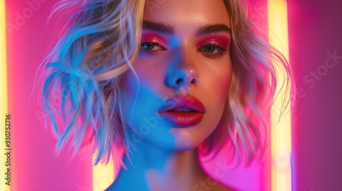 High fashion model blonde woman in colorful bright lights posing in studio, Portrait of beautiful sexy girl with trendy make-up on colorful background