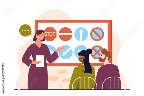 Drivers education concept. Woman shows road signs to guy and girl. Learning and training in driving school. Instructor with students during exam. Flat vector illustration isolated on white background
