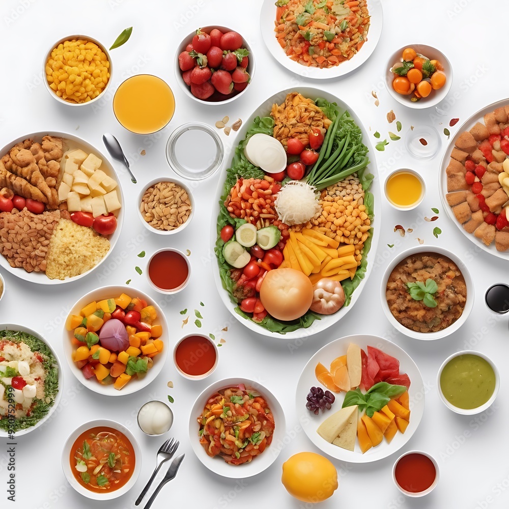 Food day decoration of meal, vegetables and fruits. Creative concept for healthy foods, fresh vegetables, fruit, with plate, food day celebration with attractive healthy food in white background Food day decoration of meal, vegetables and fruits. Creative concept for healthy foods, fresh vegetables, fruit, with plate, food day celebration with attractive healthy food in white background