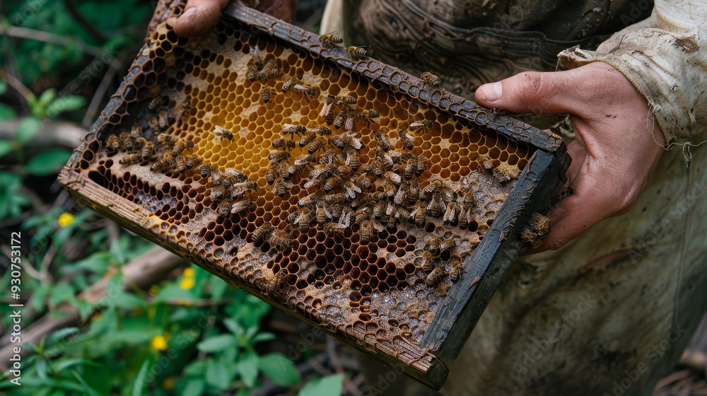 Hands hold bee-covered honeycomb, showcasing apiculture in outdoor environment Hands hold bee-covered honeycomb, showcasing apiculture in outdoor environment