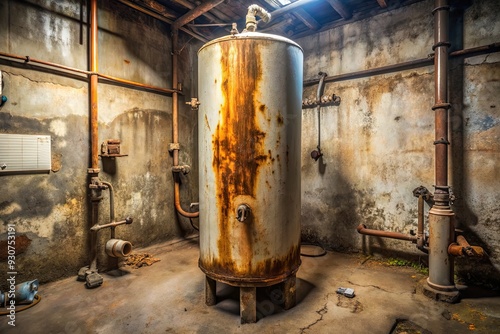 Rusty, worn-out old water heater with visible signs of corrosion and decay, situated in a dimly lit, cluttered basement or utility room.