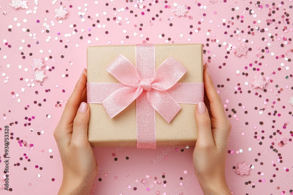 Teacher Gift Box. First Person Top View Photo Unpacking Craft Paper Box with Pink Ribbon Bow over Shiny Sequins on Pink Background