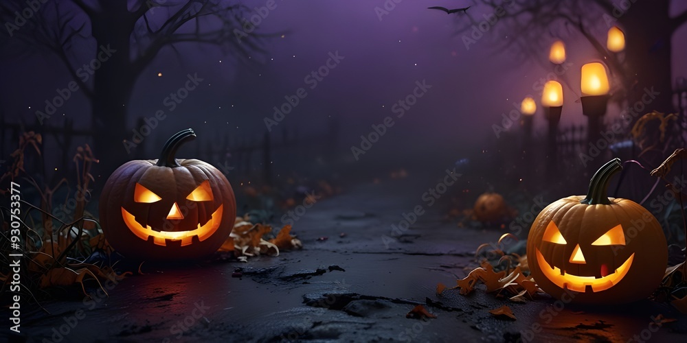 Halloween background with jack-o-lanterns and purple fog, pumpkins and jack o'lantern fog Halloween background with jack-o-lanterns and purple fog, pumpkins and jack o'lantern fog