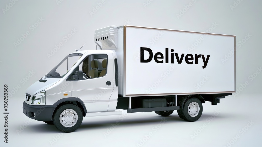 Empty blank white mockup on the small truck vehicle driving through the city street Empty blank white mockup on the small truck vehicle driving through the city street