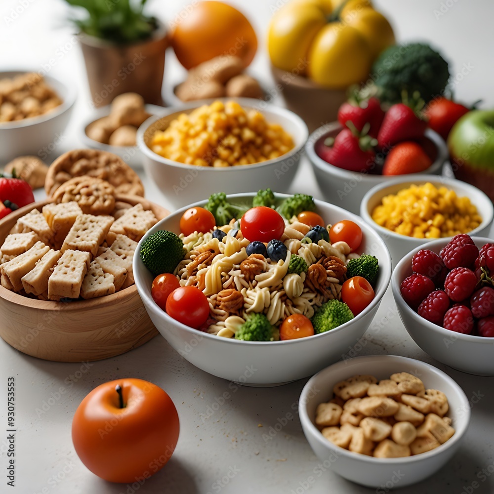 Food day decoration of meal, vegetables and fruits. Creative concept for healthy foods, fresh vegetables, fruit, with plate, food day celebration with attractive healthy food in white background Food day decoration of meal, vegetables and fruits. Creative concept for healthy foods, fresh vegetables, fruit, with plate, food day celebration with attractive healthy food in white background