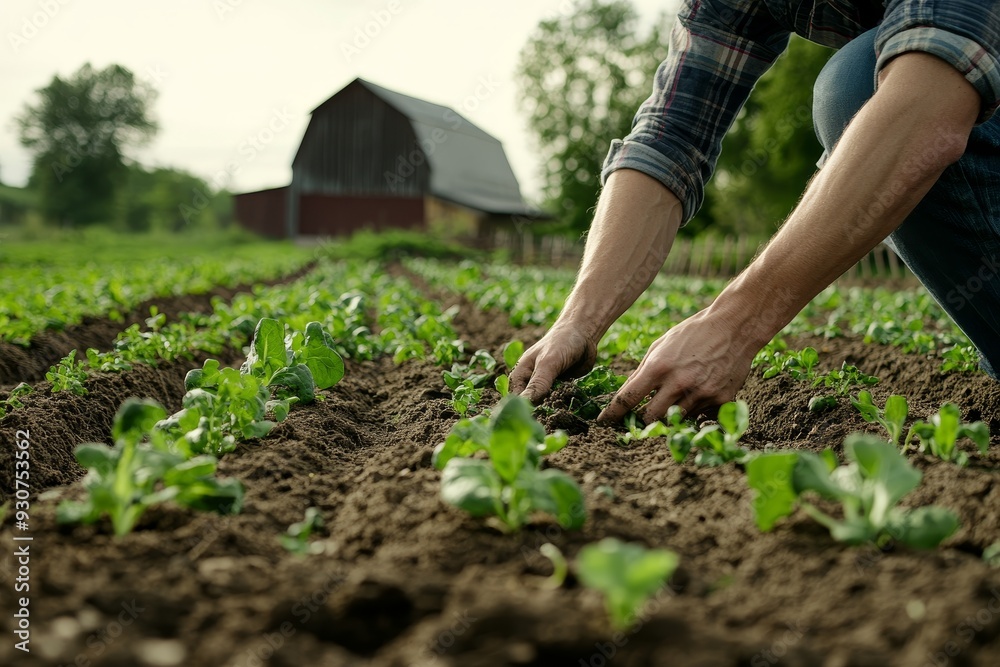 Fototapeta premium Hands of a farmer carefully tending to young vegetable plants in rows with a red barn in the background