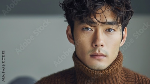 fashion portrait of handsome korean model man wearing brown sweater, studio shot