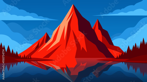  Majestic Red Rock Mountain Reflecting in Serene Lake Vector Illustration - SVG & Cricut Cut Files