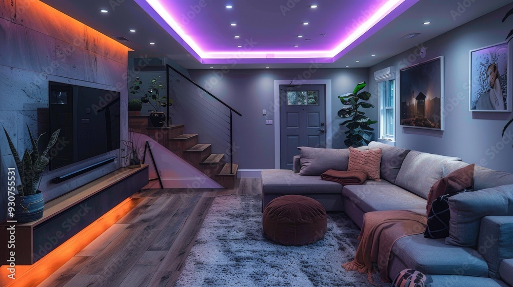 A modern basement retreat with mood-setting LED strips, featuring a cozy sectional sofa and a sleek TV setup for gaming A modern basement retreat with mood-setting LED strips, featuring a cozy sectional sofa and a sleek TV setup for gaming