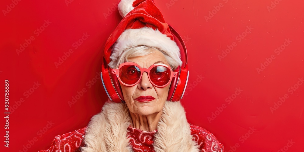 Mrs Claus wearing sunglasses, headphones, hat, Mrs Claus wearing sunglasses, headphones, hat,