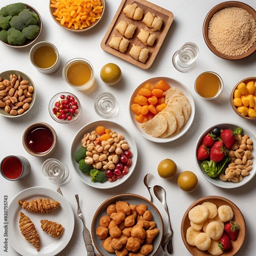 Food day decoration of meal, vegetables and fruits. Creative concept for healthy foods, fresh vegetables, fruit, with plate, food day celebration with attractive healthy food in white background