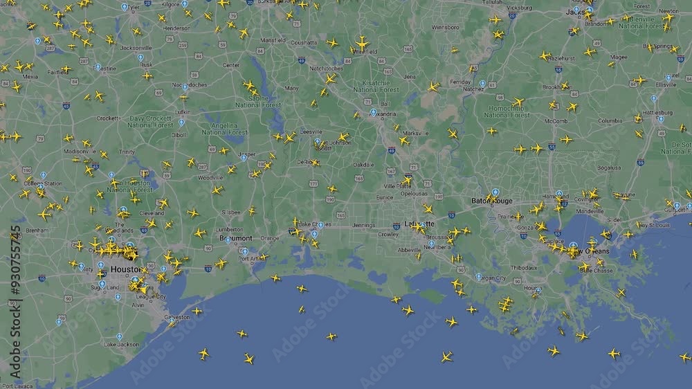 Interactive map of airplane flights. Flights over the USA. Houston area ...