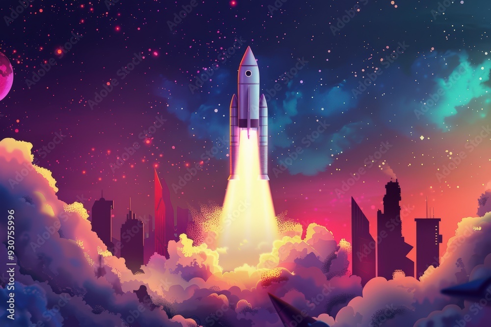 A colorful space scene with a rocket launching into the sky, generative ai image A colorful space scene with a rocket launching into the sky, generative ai image