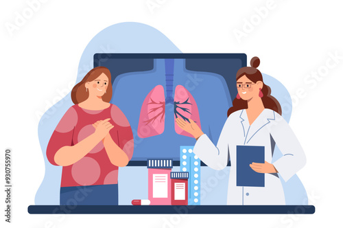 Fluorographic examination concept. Doctor in uniform and woman near Xray of lungs. Healthcare and medicine. Pulmonologist examines respiratory system and bronhi. Flat vector illustration