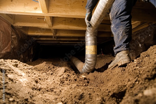 House Crawl Space: Pipe Installation in Dirt Area Under House, Attic Inspection and Construction Work photo