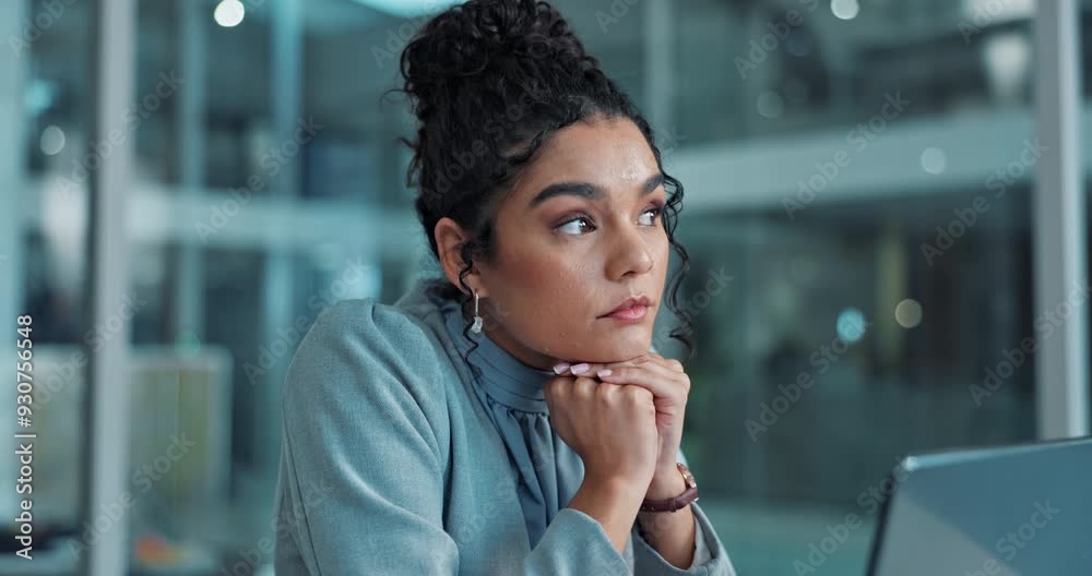 Thinking, ideas and business woman in office for planning company strategy for revenue or profit. Brainstorming, corporate and financial analyst with problem solving for capital loss of investment.