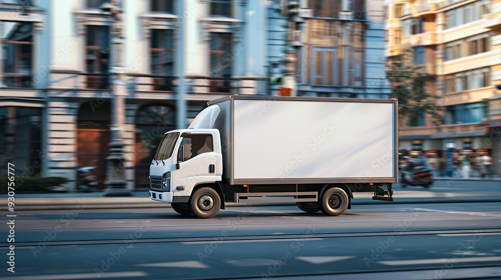 A delivery truck in motion on a city street, showcasing urban transport and logistics. A delivery truck in motion on a city street, showcasing urban transport and logistics.