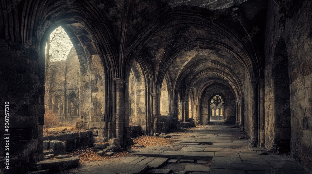 Naklejka premium Decayed Old Cathedral. Ancient Stone Architecture with Arched Tunnel in Medieval Castle