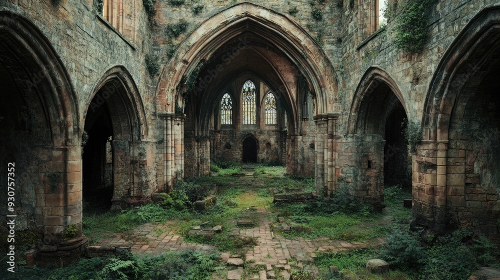 Decayed Old Cathedral. Arch and Stone Architecture in Ancient Mediaeval Church Decayed Old Cathedral. Arch and Stone Architecture in Ancient Mediaeval Church