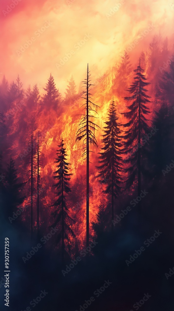 Forest wildfire engulfing trees in flames Forest wildfire engulfing trees in flames