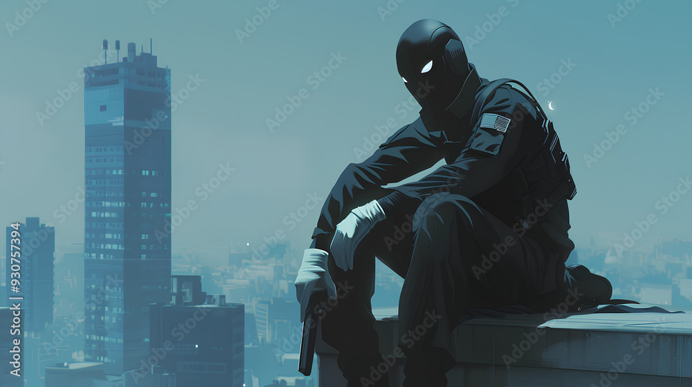 a man dressed in black with a gun is sitting on the roof of a building a man dressed in black with a gun is sitting on the roof of a building